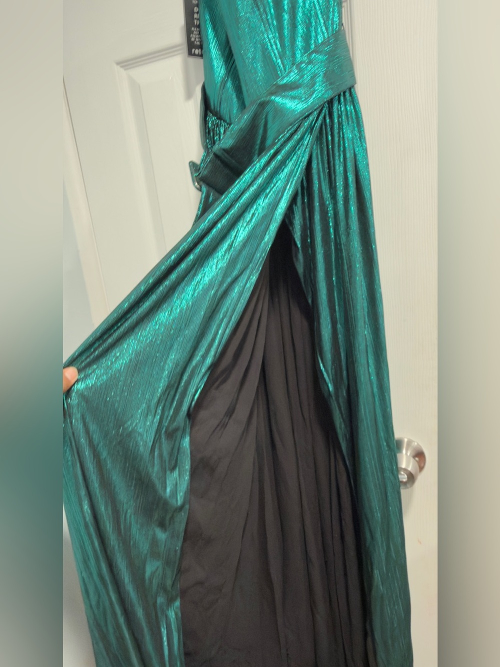Retrofete Shimmery Emerald Strapless High-Slit Maxi Dress with Belt - Picture 9 of 15